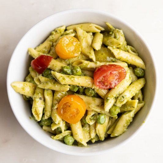 Pesto Pasta Salad with Peas and Tomatoes